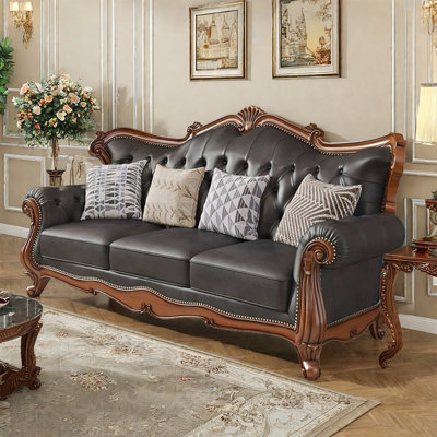 Classic Luxury Black Solid Wood Leather Sofa