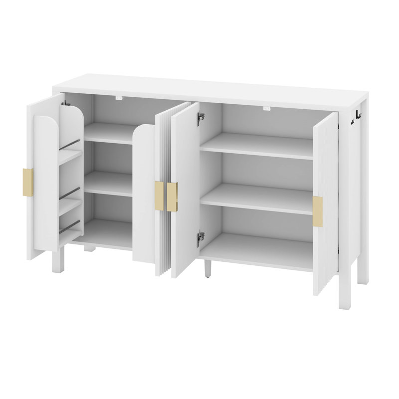 Modern Stripe Door Storage Cabinet,4-Door Sideboard With Back-Of-Door Storage Racks & Side Hooks,Adjustable Shelves, White