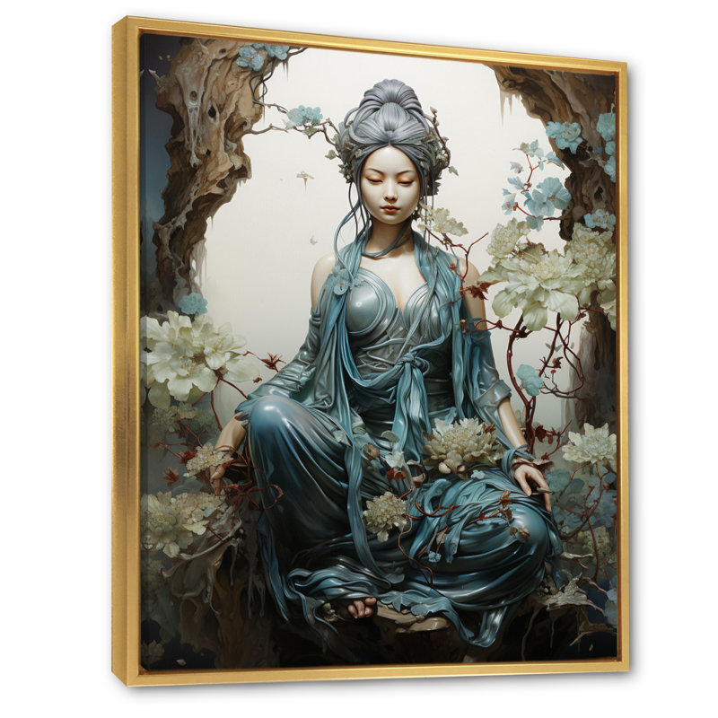 Art bouddhiste sarcelle beige avec bodhisattva sur toile, L 34 po x H 44 po, Cadre flottant doré
