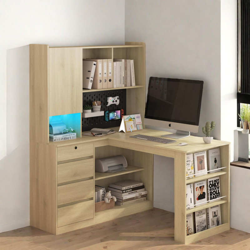 Modern L-Shaped Desk with Built-In Charger, LED Lights and Storage