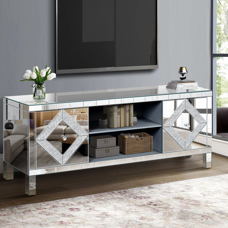 Meuble télé en miroir pour téléviseur de 65 pouces et plus, console à 2 armoires argentées, support d'accessoires de salon moderne, avec rangement ouvert et 2 armoires, décoration