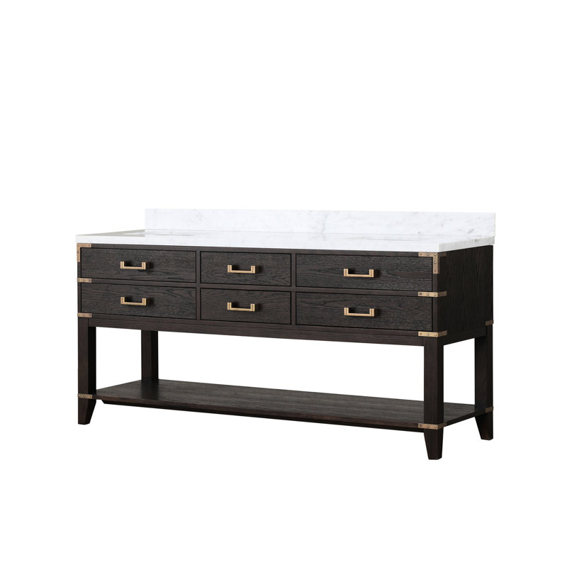 Meuble-lavabo double en chêne brun l 72 po x P 22 po avec plateau en marbre - bois massif, fermeture douce, 4 tiroirs et tablette ouverte pour un comptoir de salle de bain remarquable, capacité