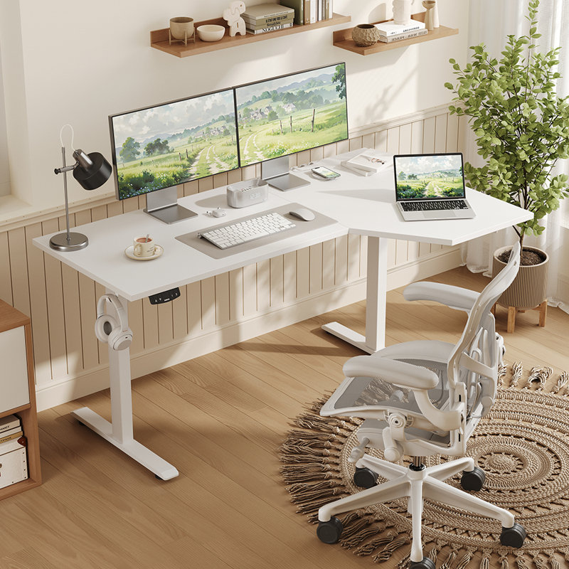 Bureau debout en L de 63 po pour bureau à domicile, bureau électrique à hauteur réglable avec contrôleur de mémoire, facile à assembler