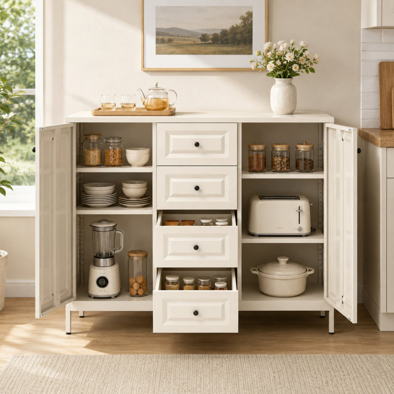 Buffet de rangement autoportant en acier beige avec 4 tiroirs et 2 portes pour une utilisation dans plusieurs pièces