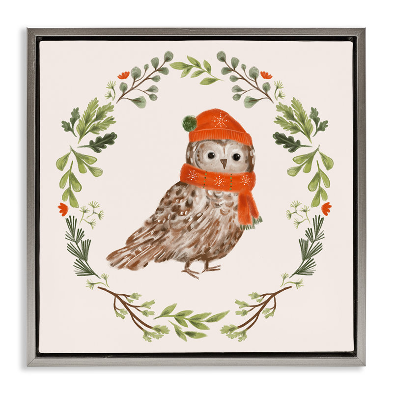Art mural sur toile Holiday Holiday Owl Wreaf par Laura Konyndyk, H 25 po x l 25 po, Cadre flottant gris lustré