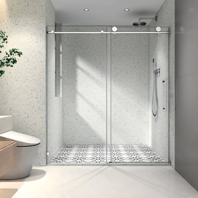 6076 Brushed Nickel Shower Door - One Fixed & Shifted, 70mm 304 Stainless Steel Pulley, Soft Closing Function, Nano Clean, -proof Film, 5/16'' Tempered Glass, Bathroom, American Minimalist With