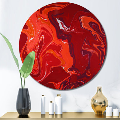 " 'Red Flame Liquid Marble Art' Modern Metal Circle Wall Art "