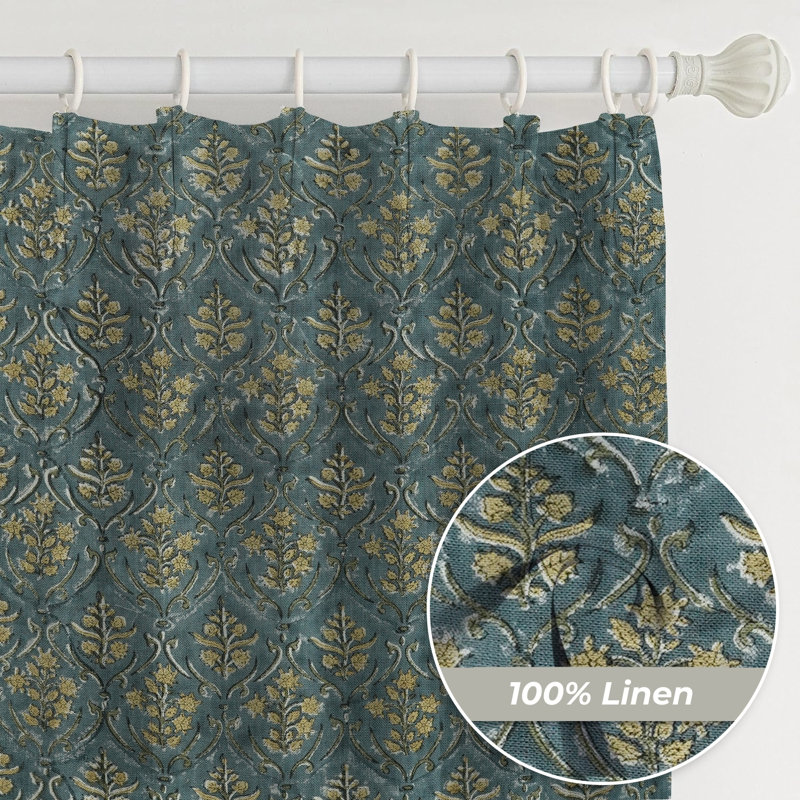 Fabdivine Dark Gray with Off White Linen Fabric Floral Hanmdade Block Print Pinch Pleated Curtains 100% Blackut Room Darkening Home Décor or Bed Room Window Drapes, Vishal Pushp