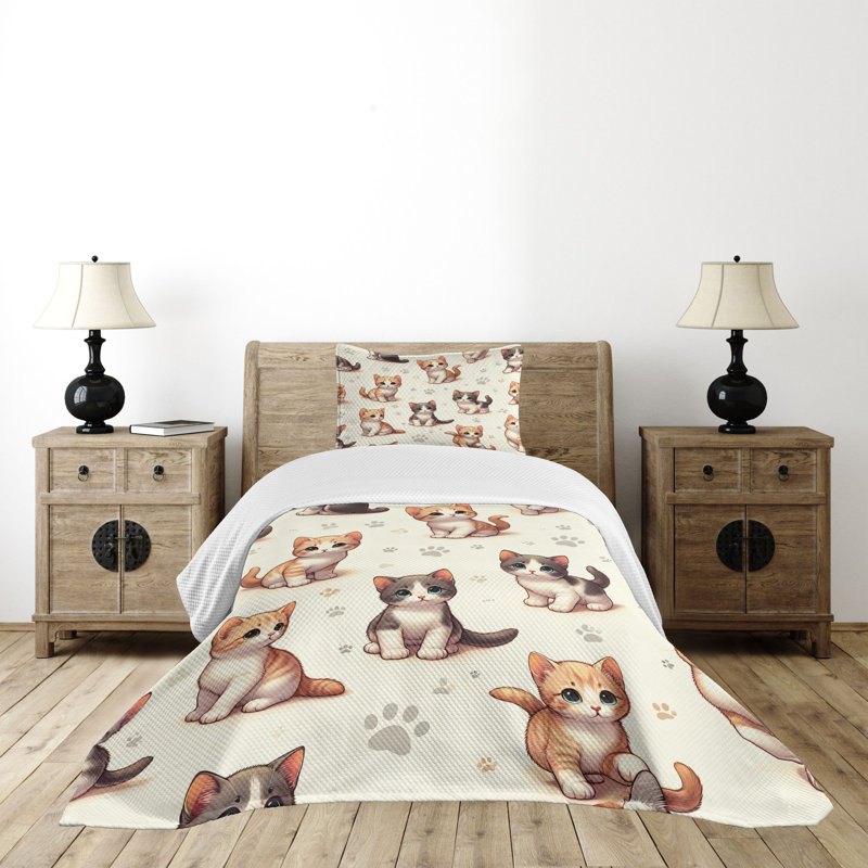 Twin Gray Cat Cartoon Polyester Bedspread Set