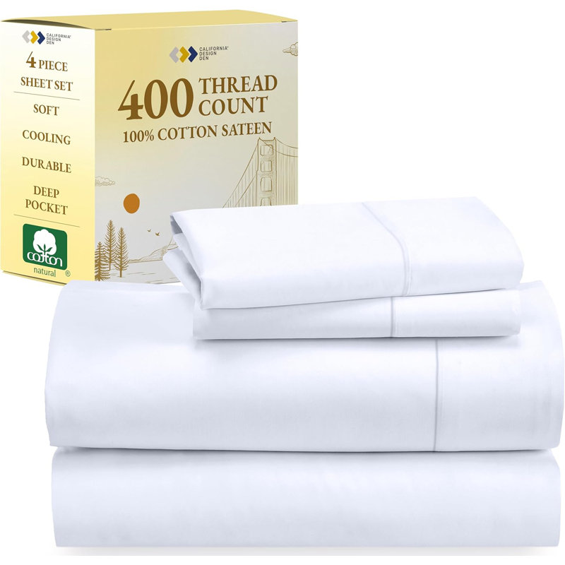 Ensemble de lit, satin de draps 100% coton à densité de tissage 400, draps à pochettes profondes, draps extra doux, draps rafraîchissants (blanc)