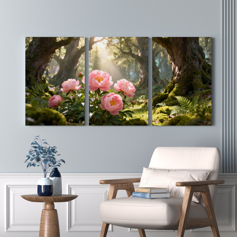 Ensemble de 3 tableaux sur toile tendue représentant des pivoines roses dans une forêt claire, H 18 po x l 36 po