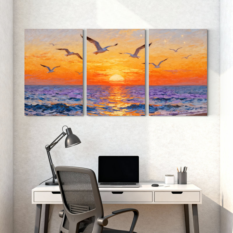 Abstrait coucher de soleil, vagues de l'océan, mouettes, reflet du ciel, plage, horizon, ensemble de 3 impressions sur toile