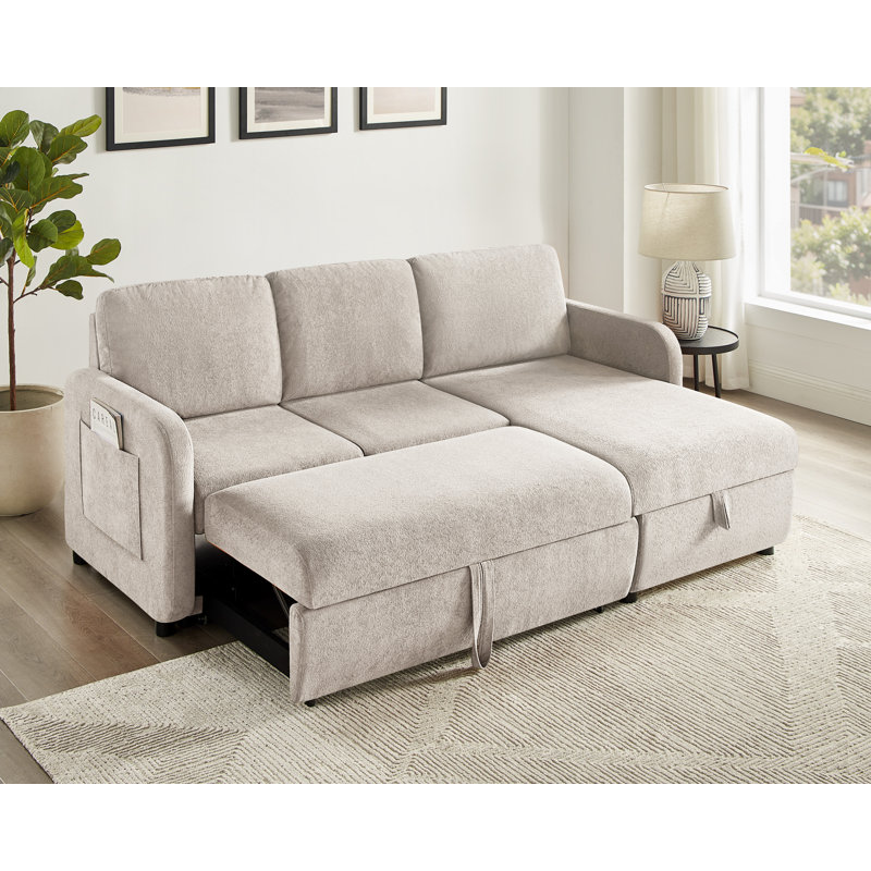 84'' Pull-Out Sofa Bed With Storage Chaise And Side Pockets, Camel Polyester