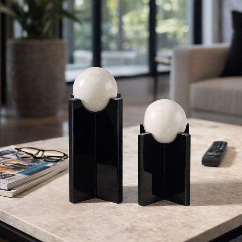Geometric Glass Decorative Object Sculpture for Home Decor - Modern Figurine Orb Accent for Living Room Decoration - Set of 2, 12", 8", Black & Whtie