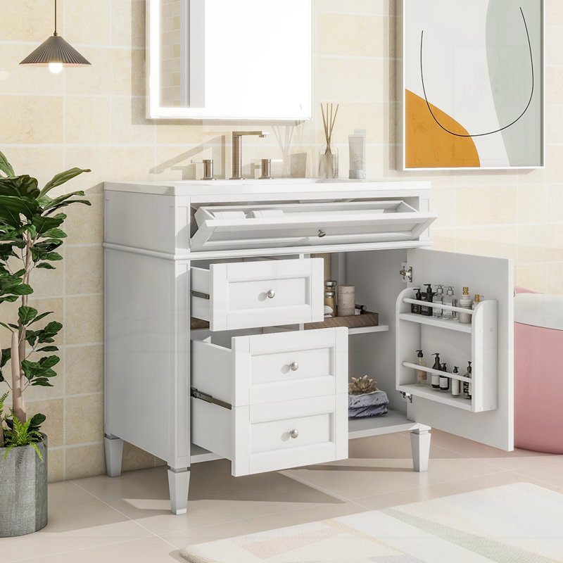 Meuble-lavabo 36 po avec lavabo supérieur, Argent argent, White