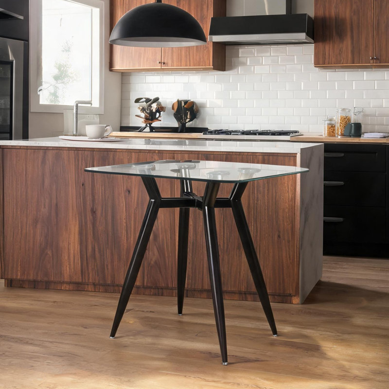 Table carrée en verre transparent avec base en métal, style Mid-Century, sièges 4, 30 pouces