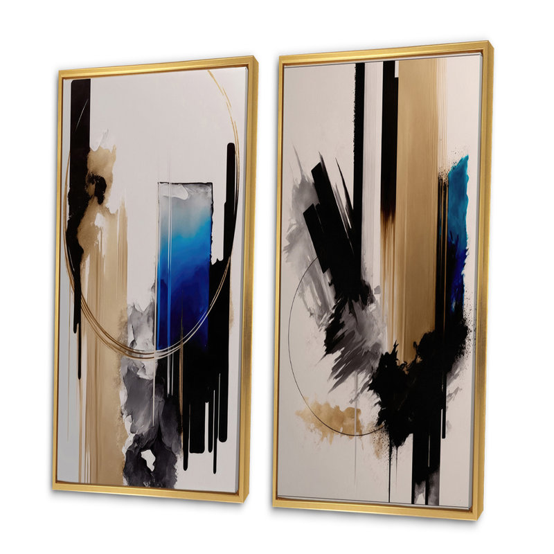 «Blue Minimalist Abstract II», 2 pièces sur toile, Encadrement doré, H 20 po x l 24 po