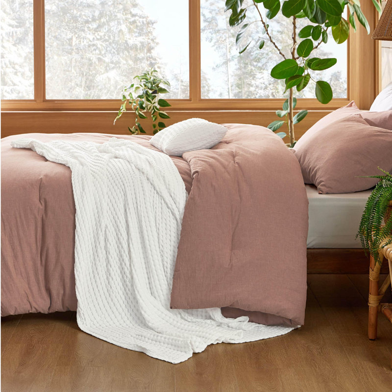Cozy Winter Collection Bedsure 5 Pieces Cotton Comforter Set with Cotton Waffle Throw Blanket, Pink Clay