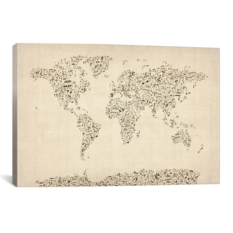 « music notes map of the world » par michael tompsett, impression sur toile, H 40 po x l 60 po x P 1,5 po, Toile tendue