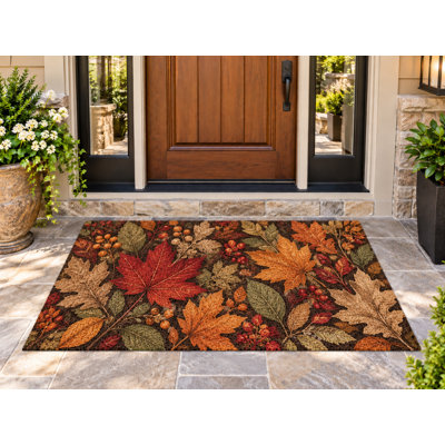 5' x 7' Outdoor Area Rug Fall Maple Leaves Berries Botanical Heavyweight Waterproof PVC Coil Loop Carpet, Heavy Duty Patio Rug, Quick Dry Indoor Outdoor Mat for Large Doormat Porch Deck Entryway