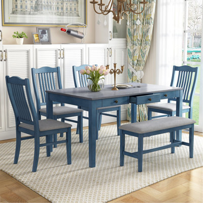 Ensemble de table de salle à manger en bois Mid-Century 6 pièces, ensemble de table de cuisine avec tiroir, chaises rembourrées et banc, bleu