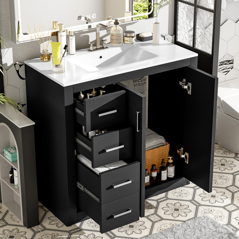 Meuble-lavabo 36 po avec lavabo en céramique, Noir, Argent argent