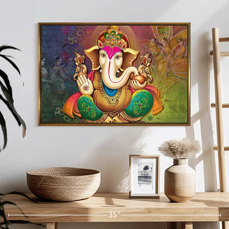 Divinité indienne Ganesh, Cadre flottant doré, 25 po x 17 po