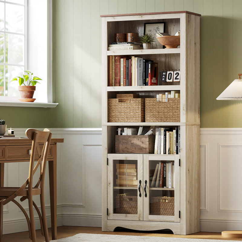 Kistner 72" Tall Bookcase With Tempered Glass Doors, 6 Shelf Large Storage Cabinet, Washed Grey