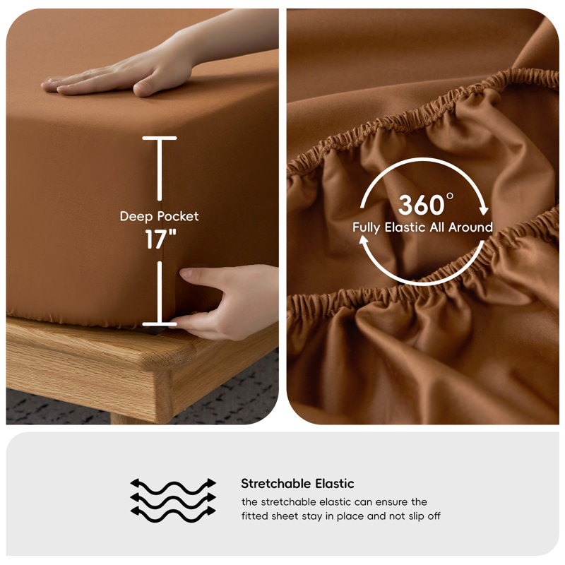 Ensemble de draps 100% coton satiné MooMee, Ensemble de draps pour très grand lit avec 2 taie, Orange foncé