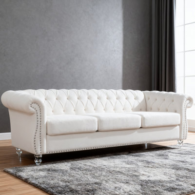 Canapé Chesterfield à accoudoirs roulés de 84 po à 3 places, canapé capitonné en velours avec pieds en acrylique et garniture cloutée