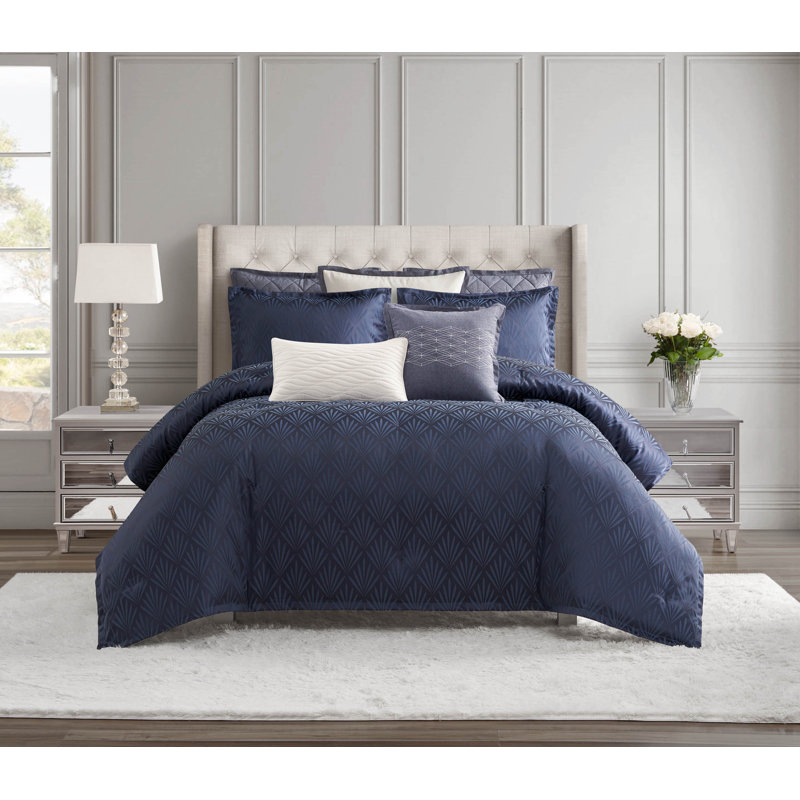 Chloe Navy 3 Piece Comforter Set, Queen Comforter + 2 Standard Shams