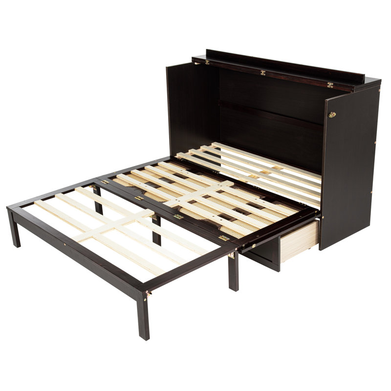 Grand lit escamotable, armoire-lit en bois de pin avec centrale électrique et panneau de décoration en rotin, Espresso