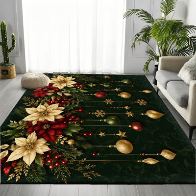 Christmas Poinsettia Bauble Area Rug, Red Green Gold Festive Holiday Pattern, Non-Slip Floor Carpet, Seasonal Artistic Indoor Home Decor for Living Room, Bedroom, Entryway, Kitchen