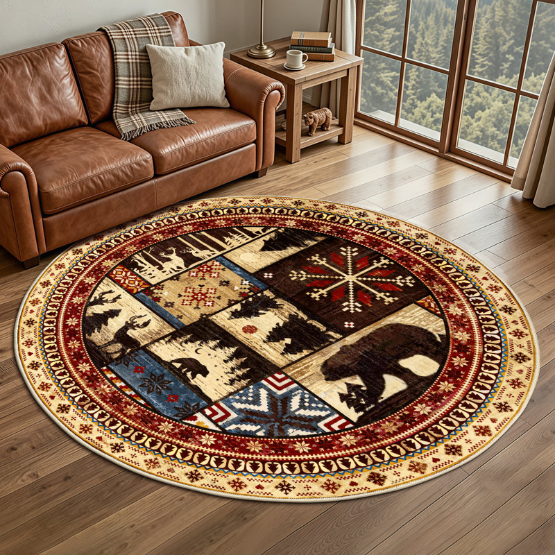 Round Southwestern Brown Non-slip Washable Area Rug, Round 5'