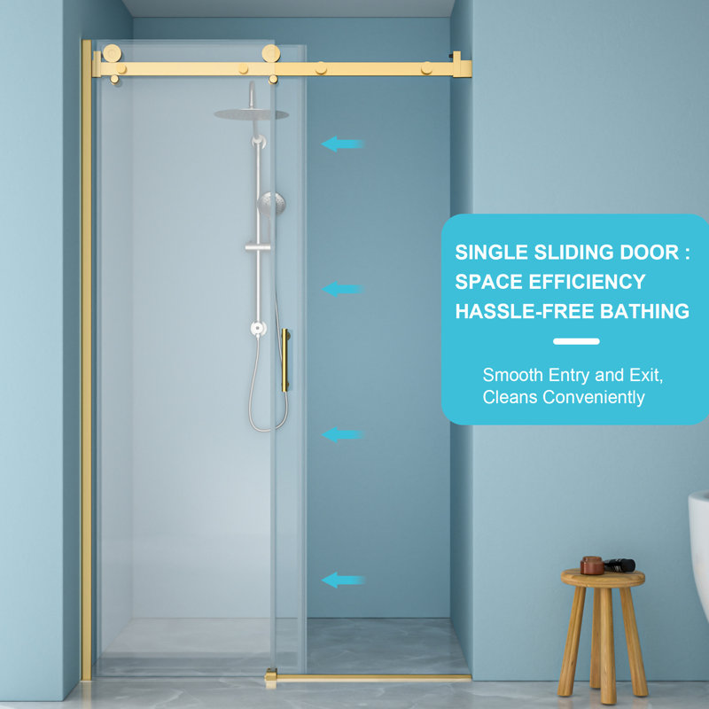 48 - 48,8 po, porte de douche simple à largeur d'installation, verre trempé de 8 mm, cadre doré, base renforcée, imperméabilisation