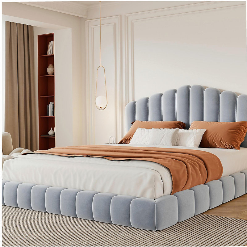 Tête de lit tapissier en velours pour lit de grand lit, sans sommier tapissier, bleu clair