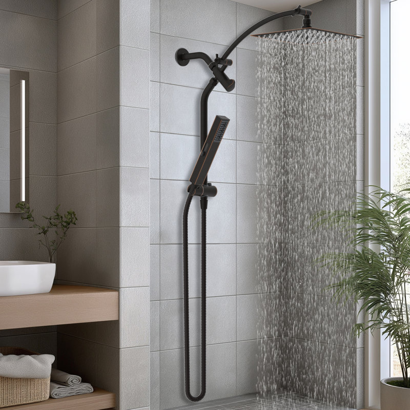 cUPC Certified High pressure metal 10-inch rainfall shower head/ handheld shower combo, 4-setting handheld sprayer, 12-inch adjustable curved extension arm, 71-inch stainless steel shower hose,height-adjustabled handheld shower holder,  Oil Rubbed Bronze