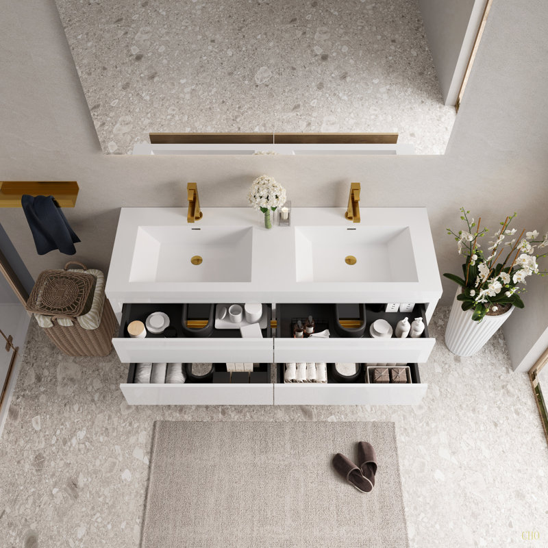 Meuble-lavabo mural 60 po avec lavabo, armoire de rangement flottante avec comptoir en résine de pierre et tiroirs à fermeture en douceur 60 po