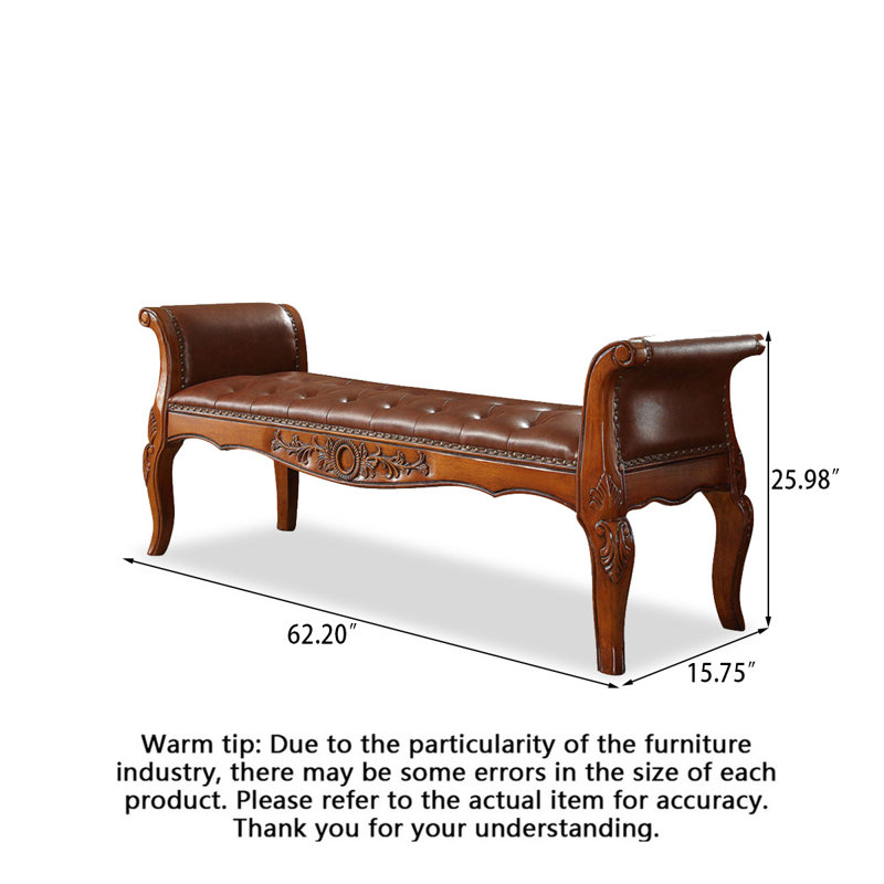 Banc de lit en bois massif sculpté avec accoudoirs roulés