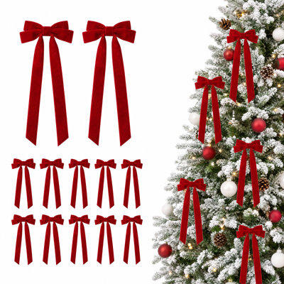 Paquet de 12 grands arcs de Noël. Ornements décoratifs en forme d'arc de Noël avec de longues queues. Cordon de fixation intégré. 19,7 po x 7,9 po. Couronne. Arbre. Cadeau. Décorations de Noël intérieures et extérieures. Tissu en polyester
