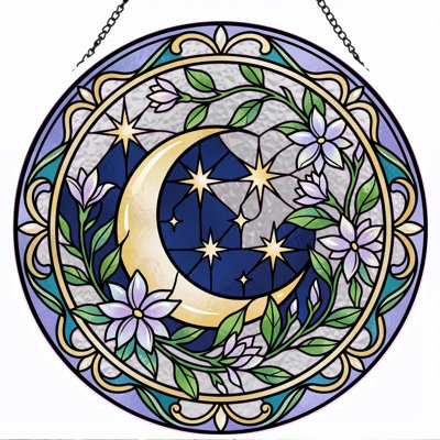 Moon Stars Stained Glass Window Panel，12"H