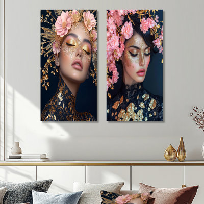 Floral Golden Rose Fashion Woman Photo I – Pink Glam Metal Wall Art Set of 2