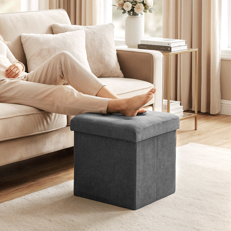 15" Folding Storage Ottoman, Upholstered Tufted Foldable Footstool With Padded Seat For Living Room Bedroom, Dark Grey