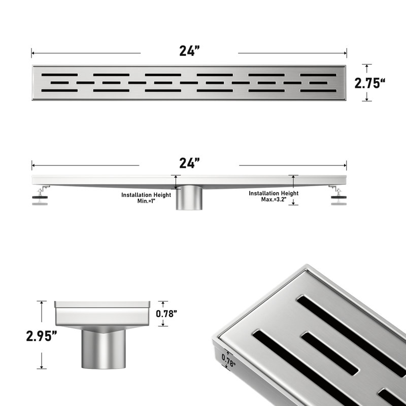 24 po Drain de douche linéaire en acier inoxydable avec surface rayée, Laiton