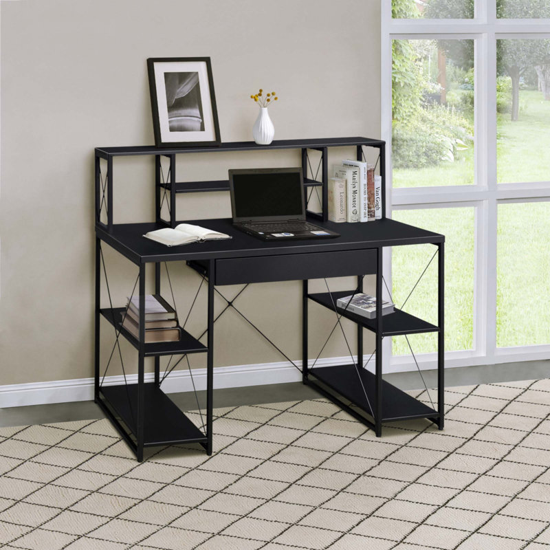 Bureau noir avec tablettes ouvertes et huche, Noir