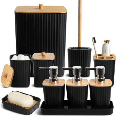 Accessoires de salle de bain noir, ensemble de salle de bain noir 10 pièces, ensemble d'accessoires de salle de bain complet avec porte-brosse à dents, poubelle, brosse de toilette, distributeur de savon de salle de bain pour comptoir, lavabo