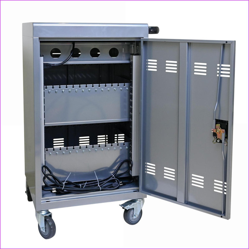 Chariot de charge pour 35 appareils, armoire verrouillable mobile avec barrettes d'alimentation UL | Métal argenté mat, Noir