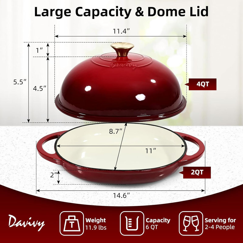 Four hollandais en fonte émaillée 6 pte avec tapis de cuisson en silicone rouge rubis Davivy