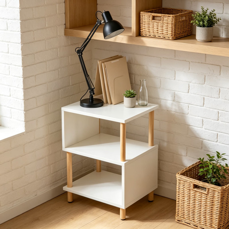 Table d'appoint Mid-Century moderne pour chambre à coucher, petite table de bout avec tablette de rangement ouverte, White