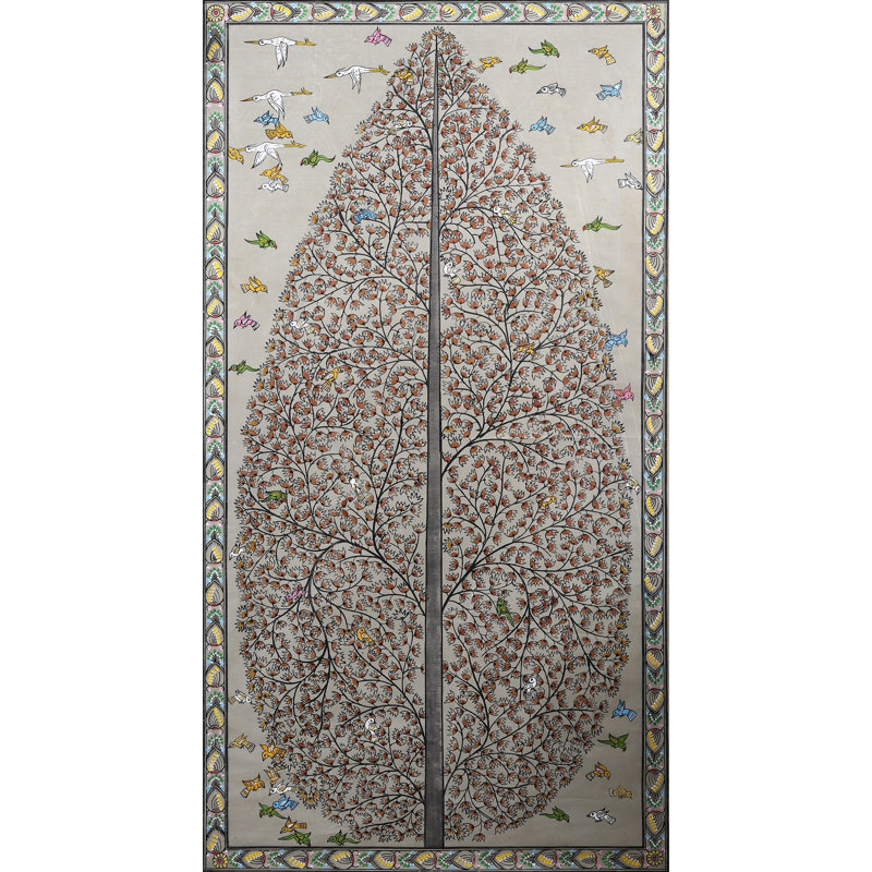 Arbre de vie avec vol d'oiseaux, peinture sur toile Pattachitra par Purna Chandra, H 40 po x l 22 po, décoration murale Odisha